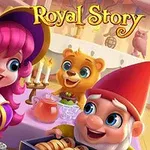 Royal Story Nhân vật hoạt hình vui vẻ trong trang phục ma thuật đang nấu ăn cùng với một người lùn và một con gấu nhỏ, với tiêu đề Royal Story ở phía trên