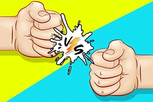 Hai nắm đấm đối diện nhau với chữ VS giữa trên nền màu vàng và xanh dương