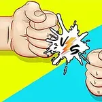Hai nắm đấm đối diện nhau với chữ VS giữa trên nền màu vàng và xanh dương