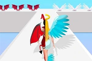 Nhân vật với đôi cánh thiên thần màu xanh và cánh quỷ màu đỏ đi trên đường với vầng hào quang và sừng quỷ trên đầu