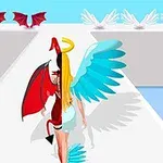 Nhân vật với đôi cánh thiên thần màu xanh và cánh quỷ màu đỏ đi trên đường với vầng hào quang và sừng quỷ trên đầu