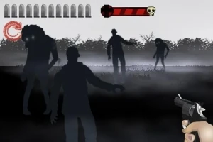 Các bóng dáng zombie trong sương mù với bàn tay cầm súng ở góc phải dưới