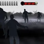 Các bóng dáng zombie trong sương mù với bàn tay cầm súng ở góc phải dưới