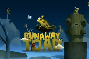 Một con cóc đội vương miện đang nhảy qua dòng chữ Runaway Toad với bù nhìn gỗ và các con bướm trong nền