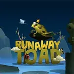 Một con cóc đội vương miện đang nhảy qua dòng chữ Runaway Toad với bù nhìn gỗ và các con bướm trong nền
