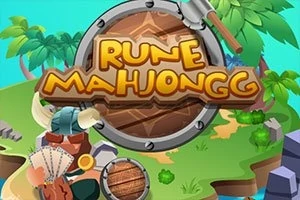 Hình ảnh có một cái khiên gỗ lớn với dòng chữ RUNE MAHJONGG và xung quanh là cây cọ và đảo nhỏ, kèm theo một chiếc búa và đống bài mahjong