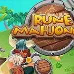Hình ảnh có một cái khiên gỗ lớn với dòng chữ RUNE MAHJONGG và xung quanh là cây cọ và đảo nhỏ, kèm theo một chiếc búa và đống bài mahjong