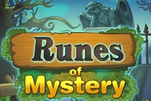 Bảng gỗ với dòng chữ Runes of Mystery nằm trên nền cảnh quan u ám với tượng thiên thần và cây cối xung quanh