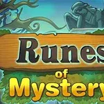 Bảng gỗ với dòng chữ Runes of Mystery nằm trên nền cảnh quan u ám với tượng thiên thần và cây cối xung quanh