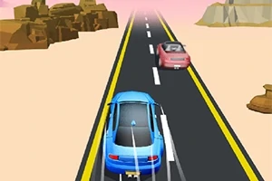 Xe màu xanh và xe màu hồng đang di chuyển trên con đường hai làn giữa sa mạc