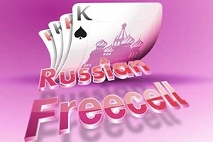 Các lá bài với hình tháp Nga trên nền màu hồng, có chữ Russian Freecell ở phía trước