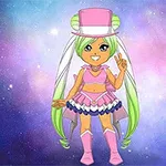 Nhân vật anime nữ với tóc dài màu xanh lá, mặc trang phục hồng và đội mũ, đứng trong nền vũ trụ