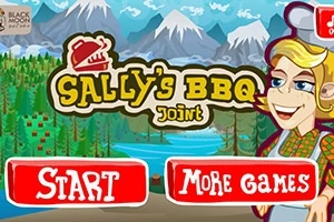 Hình ảnh có chữ Sallys BBQ Joint với nền là cảnh núi non, hồ nước và một nhân vật hoạt hình đội mũ đầu bếp