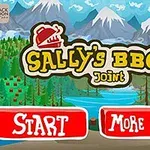 Hình ảnh có chữ Sallys BBQ Joint với nền là cảnh núi non, hồ nước và một nhân vật hoạt hình đội mũ đầu bếp