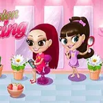 Hai cô gái hoạt hình trong tiệm salon với tường hồng, cây xương rồng và bông hoa
