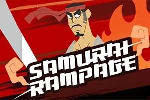 Một chiến binh samurai với băng buộc đầu và vẻ mặt nghiêm trọng đứng trước nền đỏ, phía sau là ngọn lửa và thanh kiếm đang giơ lên