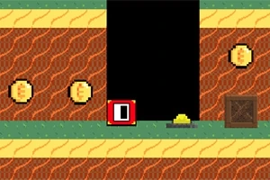 Hình ảnh có đồ họa pixel với ba đồng xu vàng, một khối màu đỏ có số 0, một hộp gỗ, và một nền gạch màu nâu