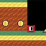 Hình ảnh có đồ họa pixel với ba đồng xu vàng, một khối màu đỏ có số 0, một hộp gỗ, và một nền gạch màu nâu