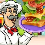 Đầu bếp hoạt hình cầm một đĩa bánh sandwich đang được lắp ráp với rau, phô mai và cà chua, bên dưới là một nút phát hình tròn