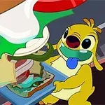 Một nhân vật hoạt hình màu vàng đang chế biến một chiếc bánh sandwich lớn với nhiều lớp nhân và rau tươi
