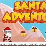 Ông già Noel đang đi bộ qua vùng đất có tuyết với những hộp quà, núi và cây thông ở phía sau, cùng dòng chữ lớn Santa Adventure
