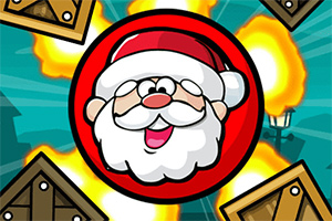 Hình ảnh có khuôn mặt ông già Noel đội mũ đỏ, bao quanh bởi các vụ nổ và thùng gỗ trên nền màu xanh