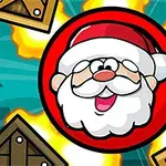 Hình ảnh có khuôn mặt ông già Noel đội mũ đỏ, bao quanh bởi các vụ nổ và thùng gỗ trên nền màu xanh