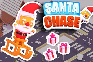 Ông già Noel hoạt hình cưỡi xe tuần lộc màu cam cùng ba hộp quà trên nền đô thị