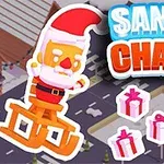 Ông già Noel hoạt hình cưỡi xe tuần lộc màu cam cùng ba hộp quà trên nền đô thị