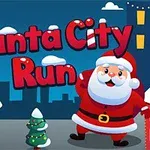 Ông già Noel đứng giữa thành phố với các tòa nhà tuyết phủ và cây thông trang trí dưới bầu trời đêm
