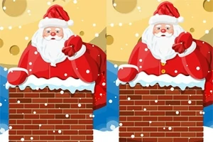 Ông già Noel với bộ đồ đỏ đứng trên ống khói, nền phía sau là bầu trời tuyết