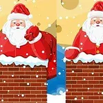 Ông già Noel với bộ đồ đỏ đứng trên ống khói, nền phía sau là bầu trời tuyết