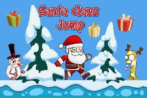 Ông già Noel đang nhảy giữa cảnh mùa đông với người tuyết, nai sừng tấm và hộp quà xung quanh