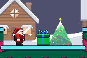 Ông già Noel đứng bên cạnh một hộp quà lớn trước một ngôi nhà gỗ và cây thông Noel trong khung cảnh tối có tuyết