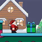 Ông già Noel đứng bên cạnh một hộp quà lớn trước một ngôi nhà gỗ và cây thông Noel trong khung cảnh tối có tuyết