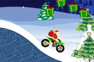 Ông già Noel cưỡi xe máy vượt qua đồi tuyết với túi quà đỏ, bên cạnh là cây thông Noel và những hộp quà lơ lửng trên bầu trời