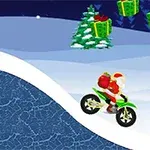 Ông già Noel cưỡi xe máy vượt qua đồi tuyết với túi quà đỏ, bên cạnh là cây thông Noel và những hộp quà lơ lửng trên bầu trời