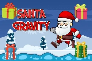 Ông già Noel đang chạy trên nền tuyết với các hộp quà xung quanh và dòng chữ Santa Gravity