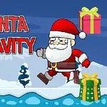 Ông già Noel đang chạy trên nền tuyết với các hộp quà xung quanh và dòng chữ Santa Gravity