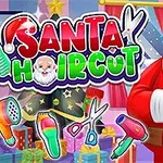 Ông già Noel cười, đứng trước nền trang trí với các biểu tượng dụng cụ cắt tóc và quà tặng
