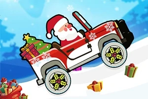 Ông già Noel lái xe jeep màu đỏ trên con đường tuyết, mang theo cây thông và hộp quà