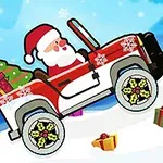 Ông già Noel lái xe jeep màu đỏ trên con đường tuyết, mang theo cây thông và hộp quà
