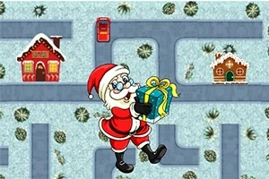 Ông già Noel mặc trang phục đỏ cầm một hộp quà xanh, đi trên con đường tuyết với cảnh xung quanh là ngôi nhà trang trí lễ hội và cây xanh phủ tuyết