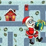 Ông già Noel mặc trang phục đỏ cầm một hộp quà xanh, đi trên con đường tuyết với cảnh xung quanh là ngôi nhà trang trí lễ hội và cây xanh phủ tuyết