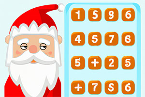 Ông già Noel đứng cạnh bảng số với các ô vuông chứa các chữ số và ký hiệu phép tính