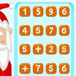 Ông già Noel đứng cạnh bảng số với các ô vuông chứa các chữ số và ký hiệu phép tính