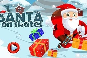 Ông già Noel đang trượt băng trên nền tuyết với các hộp quà đầy màu sắc xung quanh