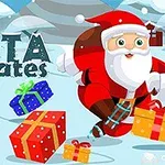 Ông già Noel đang trượt băng trên nền tuyết với các hộp quà đầy màu sắc xung quanh