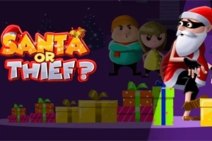 Ông già Noel đeo mặt nạ đứng cạnh nhiều hộp quà, với dòng chữ Santa or Thief?