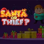 Ông già Noel đeo mặt nạ đứng cạnh nhiều hộp quà, với dòng chữ Santa or Thief?
